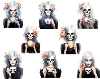 May include: A digital illustration of eight women with skull makeup and floral headbands holding teacups. The women are wearing black dresses and have long blue hair.