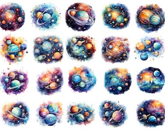 Acuarela Planetas Clipart, Planetas Coloridos Png, Fantasía Galaxia Clipart, Acuarela Espacio Png, Acuarela Espacio Exterior y Galaxia
