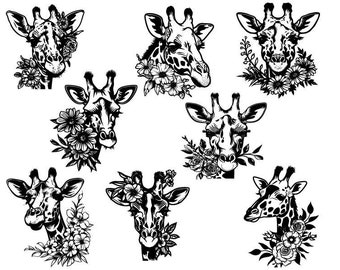 Giraff Svg, Giraff Clipart, Giraffklippfiler för Cricut, Söt Giraff Svg, Giraffvektor, Giraff med Blommor Svg