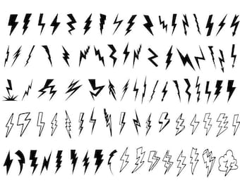 May include: A collection of 50 black lightning bolt illustrations in various styles and sizes. The bolts are arranged in five rows of ten bolts each.