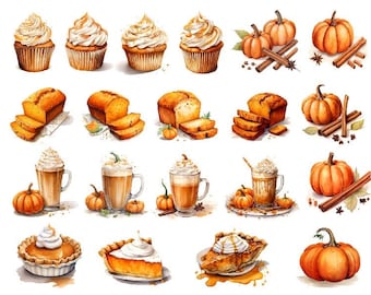 Pumpkin Spice Watercolor Clipart, Autumn Watercolor Clipart, Fall Clipart, Pumpkin Clipart, Pumpkin Spice Png, Thanksgiving Pumpkin Png