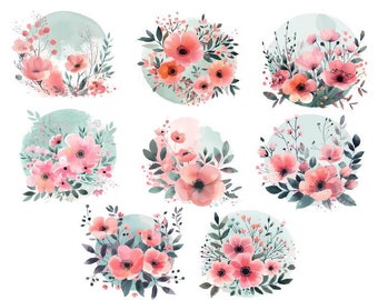 Watercolor Flowers Clipart, Watercolor Pink Flowers, Pink And Blue Flowers Png, Flowers In Circle Clipart