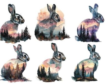 Watercolor Rabbit Clipart, Watercolor Rabbit Png, Bunny Clipart, Watercolor Rabbit With Nature, Tshirt Design Png