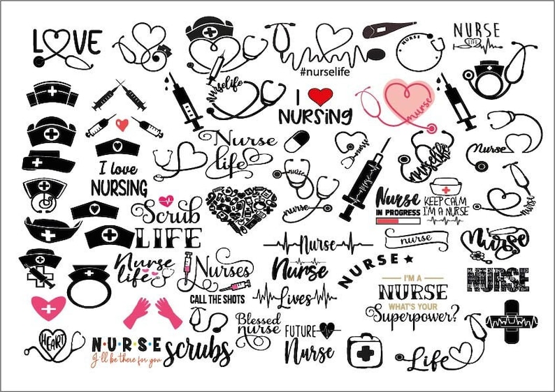 May include: A collection of black and white nurse-themed SVG cut files. The designs include hearts, stethoscopes, syringes, and text such as "Nurse Life", "I Love Nursing", "Scrub Life", and "Blessed Nurse".