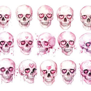 Skelet Valentijn clipart, aquarel Valentijnsdag schedel, schedel met harten clipart, liefde schedel clipart png, aquarel Valentijnsdag