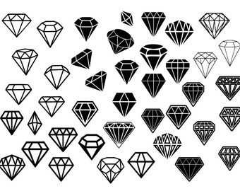 May include: A collection of 36 black diamond illustrations in various shapes and sizes. The diamonds are arranged in a random pattern on a white background.