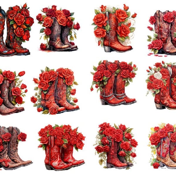 Watercolor Cowboy Boots with Roses, Cowboy Boots Clipart, Cowgirl Boots Clipart Png, Red Roses Clipart, Watercolor Red Rose Png