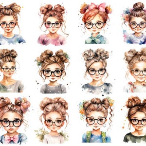 Clipart di ragazza acquerello con panino, Clipart di bambina acquerello, Clipart di ragazza con panino, Clipart di ragazza acquerello con occhiali