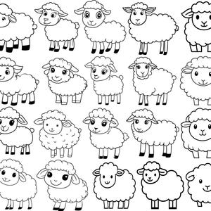 May include: A collection of twenty-one black and white cartoon sheep illustrations. Each sheep has a fluffy white body, black legs, and a smiling face. The sheep are in various poses, some standing, some facing forward, and some in profile.