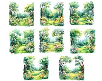 Watercolor Spring Landscape, Spring Clipart Png, Watercolor Floral Forest Png, Colorful Forest Clipart, Flowers Blooming Clipart