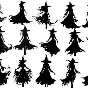 May include: Silhouettes of 15 witches wearing pointed hats and long flowing robes. The witches are in various poses, some with their arms raised, some with their hands on their hips, and some with their arms at their sides.