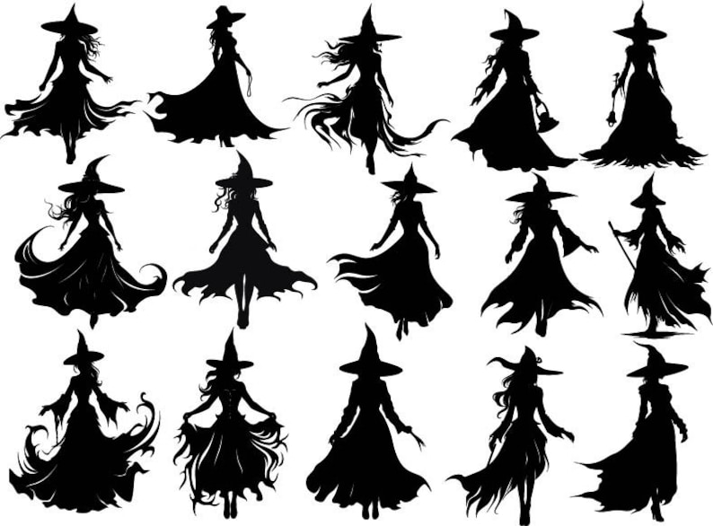 May include: Silhouettes of 15 witches wearing pointed hats and long flowing robes. The witches are in various poses, some with their arms raised, some with their hands on their hips, and some with their arms at their sides.