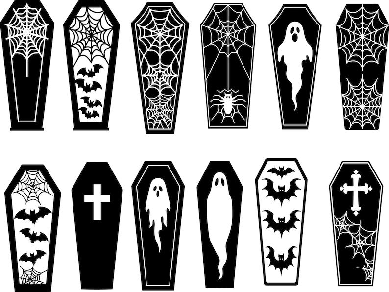 May include: A collection of black and white Halloween-themed coffin illustrations. Designs include spiderwebs, bats, ghosts, and crosses. Perfect for spooky crafts and decorations.