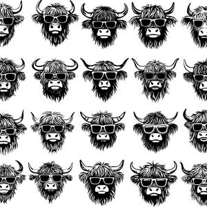 May include: A collection of black and white illustrations of Highland cows wearing sunglasses. Each cow has a shaggy coat and horns, with the sunglasses adding a touch of humor. The images are arranged in a grid pattern.