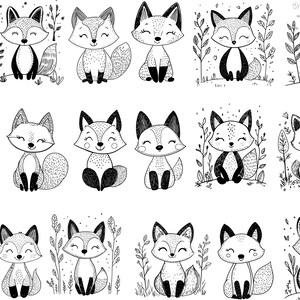 May include: A collection of black and white illustrations of cartoon foxes. Each fox has a unique design, with varying poses and details. Some are sitting, others standing, and some are surrounded by foliage.
