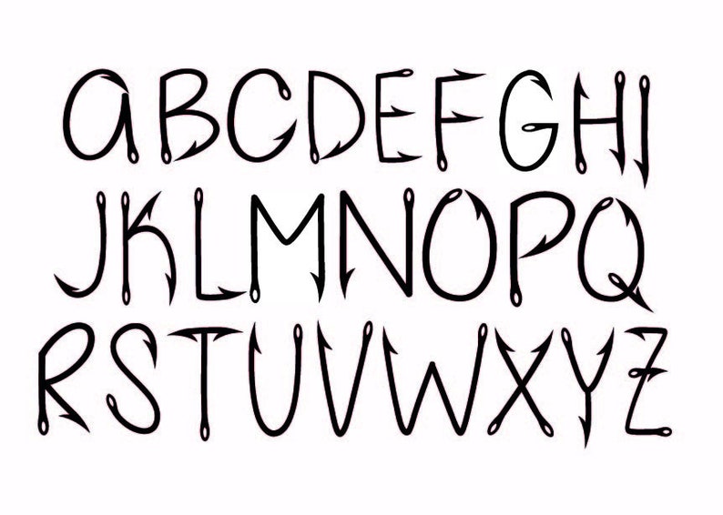 May include: Black and white alphabet with each letter formed from a stylized fishing hook.