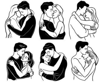 Può includere: Sei disegni in bianco e nero di coppie che si abbracciano. Ogni coppia è disegnata in una posa diversa, con l'uomo e la donna che si guardano e si tengono stretti.