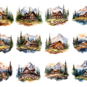 Peut inclure: Douze aquarelles repr&eacute;sentant des cabanes en bois rustiques dans un d&eacute;cor de montagne enneig&eacute;e. Chaque cabane est entour&eacute;e de conif&egrave;res et d'un petit ruisseau ou lac.