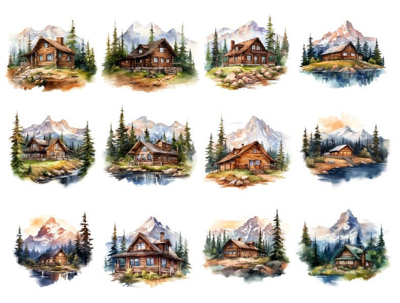 Peut inclure: Douze aquarelles repr&eacute;sentant des cabanes en bois rustiques dans un d&eacute;cor de montagne enneig&eacute;e. Chaque cabane est entour&eacute;e de conif&egrave;res et d'un petit ruisseau ou lac.