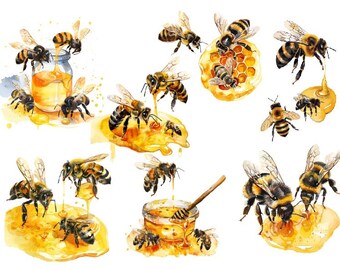 Watercolor Honey Clipart, Honey Bee Clipart, Honeycomb Illustrations, Watercolor Bee Clipart