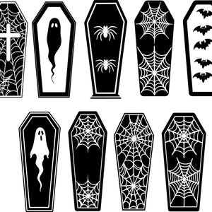 May include: A collection of black and white coffin illustrations. Each coffin features a different Halloween-themed design, including spiderwebs, spiders, ghosts, a cross, and bats. The coffins are arranged in a grid.
