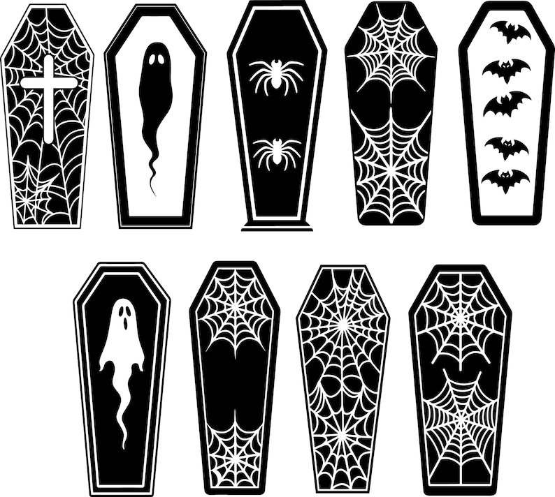 May include: A collection of black and white coffin illustrations. Each coffin features a different Halloween-themed design, including spiderwebs, spiders, ghosts, a cross, and bats. The coffins are arranged in a grid.