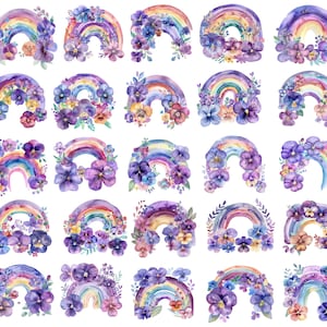 Akwarela Fioletowy Bratek, Wiosenna Tęcza Clipart, Akwarela Kwiat Tęcza, Akwarela Fiołki