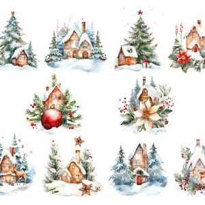 Clipart di paesaggi natalizi ad acquerello, PNG di paesaggi festivi, PNG di Natale ad acquerello, Clipart di scene invernali