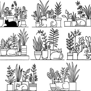 Pu&ograve; includere: Illustrazione in bianco e nero a linea di gatti e piante in vaso. L'illustrazione &egrave; divisa in tre file con tre immagini in ogni fila. Ogni immagine presenta una disposizione diversa di piante e gatti. I gatti sono raffigurati in varie pose, alcuni dormono, alcuni sono seduti e alcuni in piedi. Le piante sono una variet&agrave; di piante da interno, tra cui felci, piante grasse e cactus.