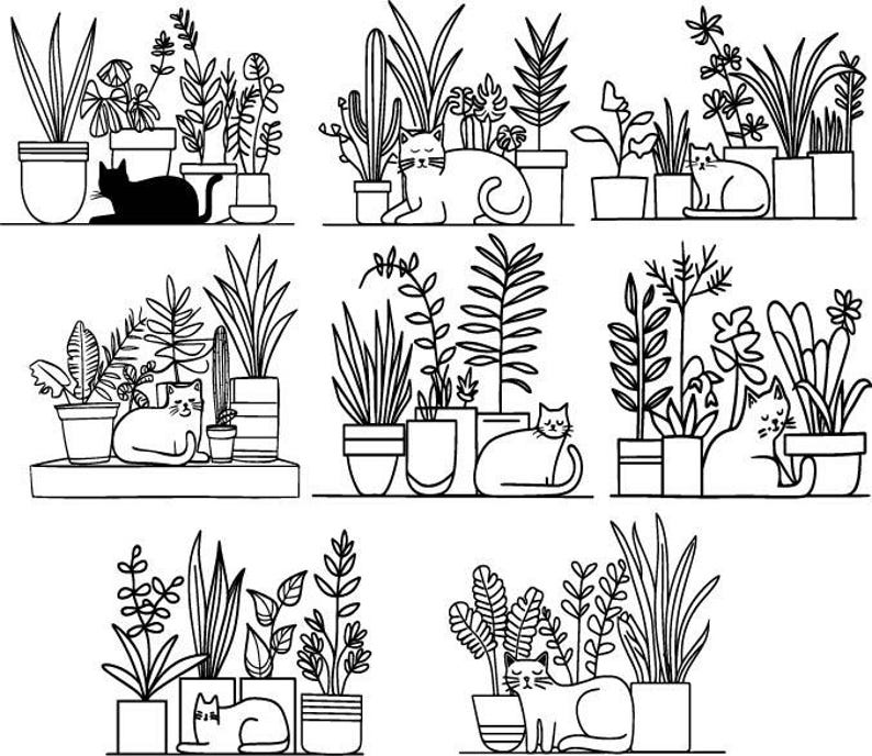 Pu&ograve; includere: Illustrazione in bianco e nero a linea di gatti e piante in vaso. L'illustrazione &egrave; divisa in tre file con tre immagini in ogni fila. Ogni immagine presenta una disposizione diversa di piante e gatti. I gatti sono raffigurati in varie pose, alcuni dormono, alcuni sono seduti e alcuni in piedi. Le piante sono una variet&agrave; di piante da interno, tra cui felci, piante grasse e cactus.