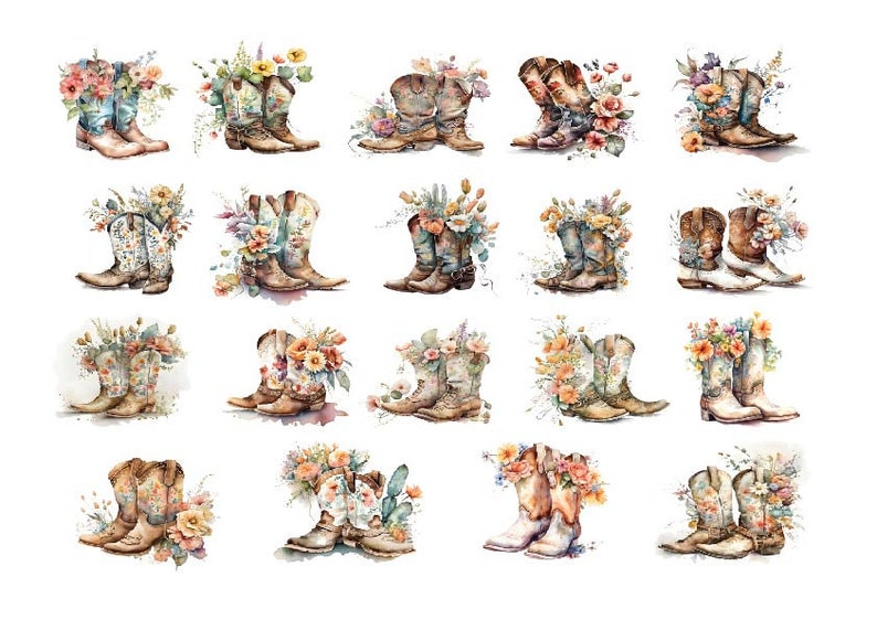 May include: A set of 20 watercolor illustrations of cowboy boots with floral arrangements. The boots are brown and white with floral patterns. The flowers are in shades of pink, yellow, and blue.