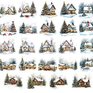 Watercolor Christmas Landscape Clipart, Watercolor Winter Landscape Png, Christmas House Clipart Png, Watercolor Winter Clipart
