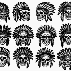 Op de afbeelding: Twaalf zwart-wit illustraties van schedels die Indiaanse hoofdtooien met veren dragen. De schedels kijken allemaal naar voren en hebben een vergelijkbare uitdrukking.