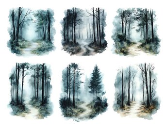 Aquarelle chemin forestier des cliparts, forêt sombre des cliparts Png, aquarelle forêt scène Png, clipart forêt brumeuse, clipart paysage
