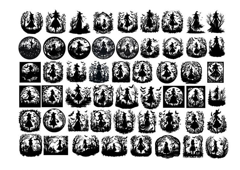 K&ouml;nnte beinhalten: Ein Set mit 48 Schwarz-Wei&szlig;-Silhouettenbildern von Hexen in verschiedenen Posen. Die Hexen sind in verschiedenen Umgebungen dargestellt, darunter W&auml;lder, Monde und Sterne. Die Bilder sind perfekt zum Basteln, Scrapbooking oder f&uuml;r digitales Design.