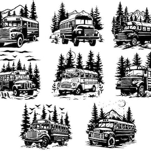 May include: Black and white illustrations of school buses in a forest setting. Each bus is surrounded by trees and mountains. The buses are all facing forward and have a classic design.