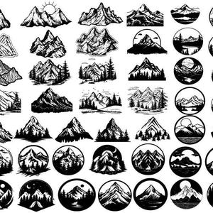 Peut inclure: Collection d'illustrations de montagnes en noir et blanc. Les motifs comprennent des chaînes de montagnes détaillées, certaines avec des arbres, des soleils et des lunes. Diverses formes et styles, adaptés aux projets sur le thème du plein air.