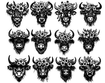 Floral Cow Svg, Highland Cow Svg Bundle, Highland Cow Clipart, Highland Cow Vector, Baby Cow Svg