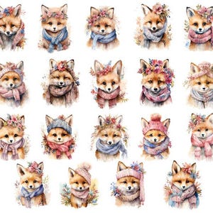 Watercolor Cute Fox Clipart, Watercolor Floral Fox Png, Fox With Scarf Clipart, Floral Fox Clipart