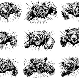Puede incluir: Una colección de nueve ilustraciones en blanco y negro de osos rompiendo una superficie. Cada oso se representa con la boca abierta y dientes visibles, con una textura de pelaje detallada. Las ilustraciones están rodeadas de líneas radiales.
