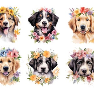 Aquarell Blumen Hund Clipart Png, Blumen Hund, süßer Aquarell Hund, süßes Blumen Hund Clipart Bundle, Aquarell Hund Png