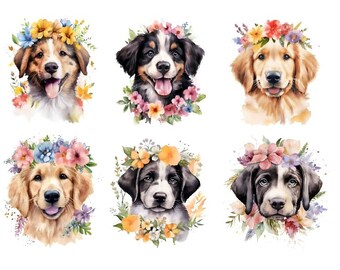 Watercolor Floral Dog Clipart Png , Floral Dog , Cute Watercolor Dog, Cute Floral Dog Clipart Bundle, Watercolor Dog Png