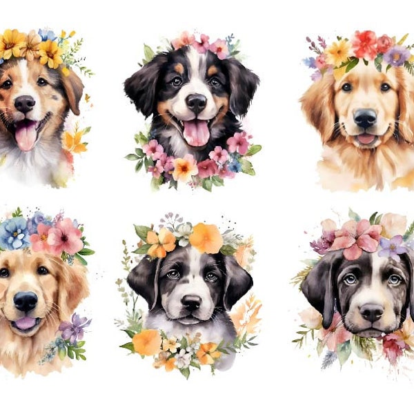 Watercolor Floral Dog Clipart Png , Floral Dog , Cute Watercolor Dog, Cute Floral Dog Clipart Bundle, Watercolor Dog Png