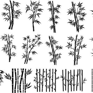 Puede incluir: Un conjunto de 18 ilustraciones en blanco y negro de plantas de bamb&uacute; en varios estilos. Las ilustraciones incluyen tallos individuales, grupos de tallos y bosques de bamb&uacute;.