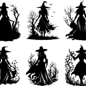 May include: Six black silhouettes of witches wearing pointed hats and long dresses. Each witch is standing in a different pose with a variety of trees and foliage surrounding them.