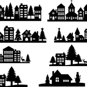 May include: Black and white silhouette illustrations of various winter village scenes. Each scene features houses, trees, and other wintery elements.