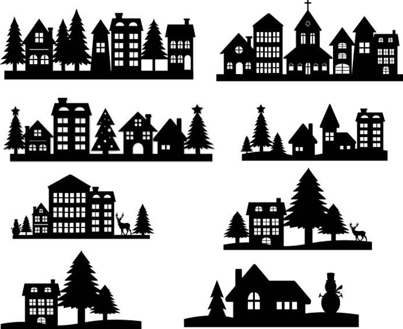 May include: Black and white silhouette illustrations of various winter village scenes. Each scene features houses, trees, and other wintery elements.