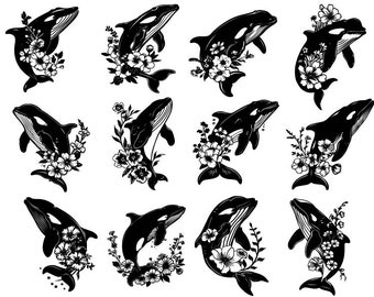 Ballena con flores svg, ballena svg, ballena clipart, archivos de corte de ballena para cricut, ballena jorobada svg, ballena asesina svg