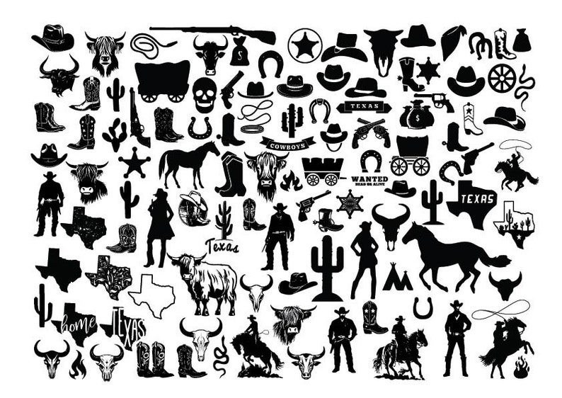 May include: Black and white silhouette illustrations of various western and cowboy themed icons, including boots, hats, horses, cacti, stars, and the word "Texas".