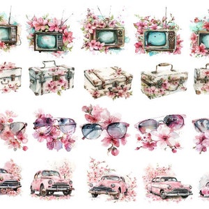 Acuarela Vintage Clipart, Vintage Car Clipart, Acuarela Floral Tv Png, Retro Maleta Clipart, Vintage Gafas de Sol Png